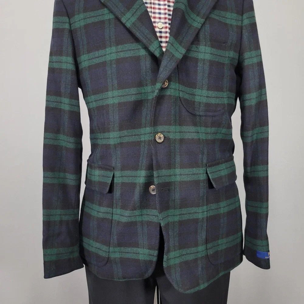 Polo Ralph Lauren Men's Sport Coat Two Button Flannel Tartan Navy Green Size 42R